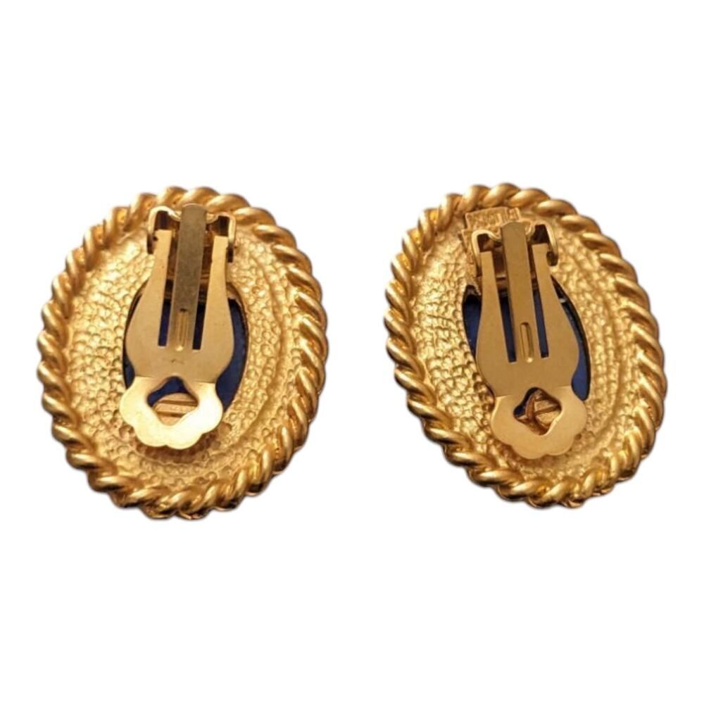 Vintage Leslie Block Statement Earrings Blue Speckle Cabochon Gold Tone Clip On‎ - Picture 2 of 3